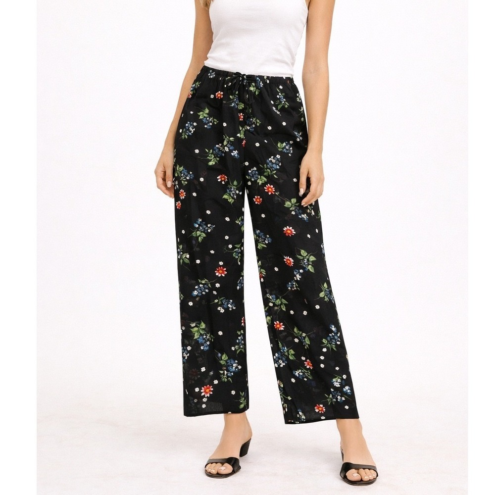 Tall Girl Pants Womens Large Black Floral Wide Leg Drawstring Flowy Boho